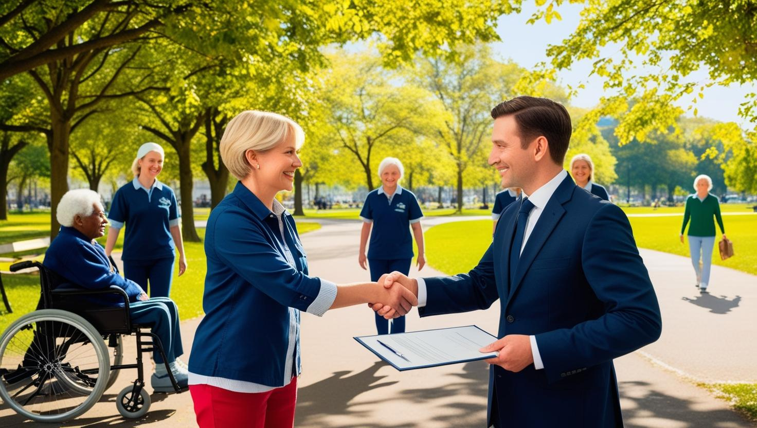 Na obrazku mężczyzna w garniturze wręcza umowę kobiecie będącej liderką zespołu organizacji społecznej